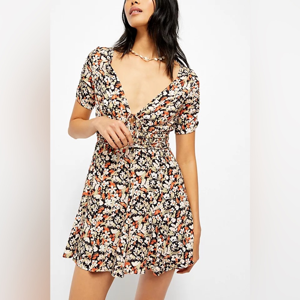 Free People Forget Me Not Floral Mini Dress Size 2 Charcoal Combo Boho Fairycore